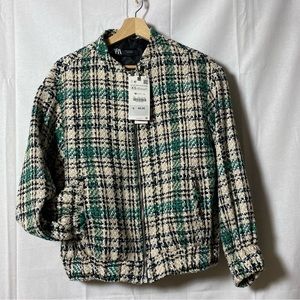 Zara Green & White Check Tartan Tweed Style Full Zip Jacket Women's XS fits S/M